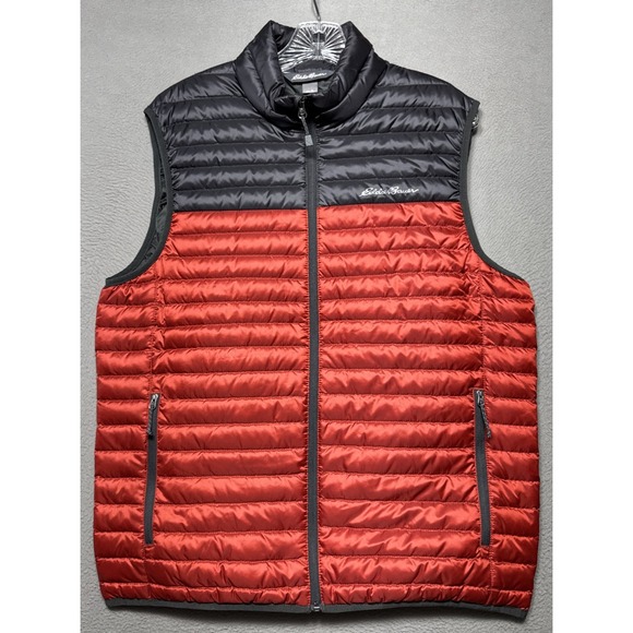 Eddie Bauer EB700 Down Fill Puffer Vest Mens Sz Medium Red Black Packable Hiking - Picture 1 of 13